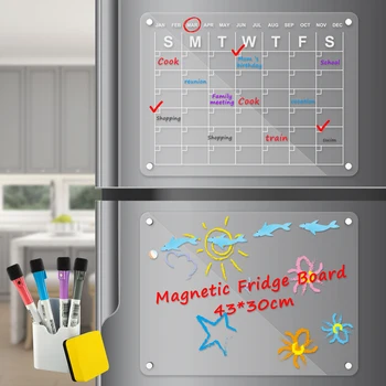 Naujas Akrilo Magnetinio Kalendoriaus Rinkinys su 4 Žymekliai Rašiklio Laikiklis Daugkartinio naudojimo Magnetinė Sausai valomos Lentos skaidraus Akrilo Šaldytuvas Valdyba