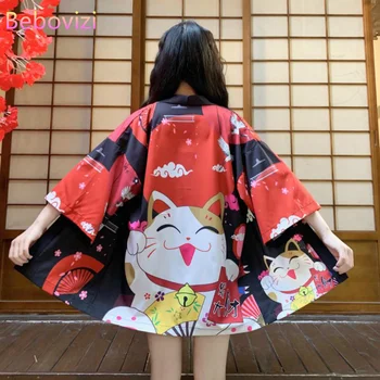 Pasisekė Katė Megztinis Kimono Moterų Japonijos Nacionalinės Stiliaus Kimono Tradicinių Viršūnes Palaidinė Yukata Drabužius Kawaii Chalatas, Paplūdimio