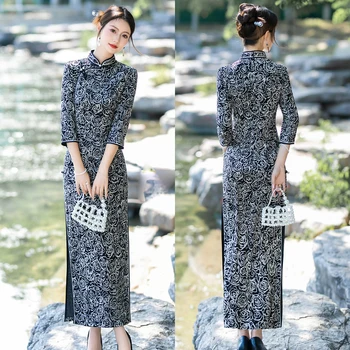 Vintage Black Spausdinti Cheongsam Ilgomis Rankovėmis Pavasario Rudens Dienos Elegantiškas Šalis Suknelė Plius Dydis Kinų Stiliaus Plonas Klasikinio Qipao