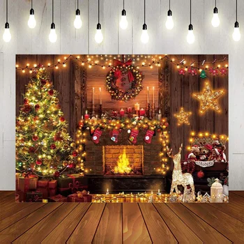 Kalėdų Eglutė Židinys Blizga Namas Fone Plytų Židinys Blizgučiai Medinių Sienų Shining Star Fone, Šeimai Šalis Reklama