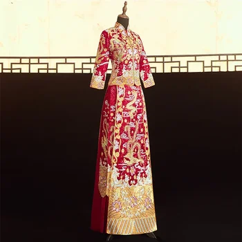 Aukštos Kokybės Tradicinės Kinų Siuvinėjimo, Nuotaka, Vestuvinė Suknelė Retro Išskirtinį Red Dragon 