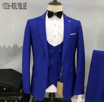 Royal Blue Mens Kostiumai 3 Gabalus Slim Fit Oficialų Švarkas Liemenę, Kelnes Nustatytas Klasikinis Elegantiškas Švarkas Verslo Vestuvių Tuxedos Vyrams