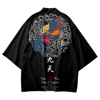 Kinijos Anime Dragon Spausdinti Juodas Kimono Tradiciniai Drabužiai Moterims ir Vyrams Haori Plius Dydis 4XL 5XL 6XL