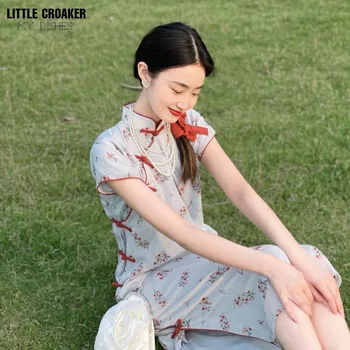 Moterų Gufa Qipao 2023 Pagerėjo Cheongsam Naujas Retro Suskaidytas Kinijos Gėlių Vidurio ilgis Mergaičių Kasdien Stiliaus Maža Suknelė