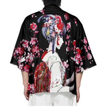 Japonų Stiliaus Black Print Megztinis Kimono Harajuku Moterys Vyrai Yukata Streetwear Tradicinių Drabužių Haori