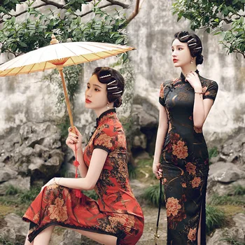Elegantiškas Vasarą Ilgai Cheongsam Elegantiškas Retro Spausdinimo Eksploatacinių savybių Nuotrauka Qipao Kinų Stiliaus Vakaras Suknelė Moterims Šalis