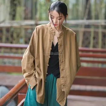 2024 m. pavasarį, rudenį kinų stiliaus moterų palaidinė lino stovėti apykaklės disko sagtis kailis šikšnosparnių rankovėmis medvilnės skalbiniai prarasti atsitiktinis viršų s41