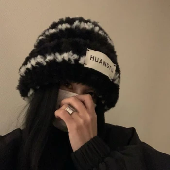 Naują Skrybėlę Moterų Dryžuotas Pliušinis Šiltas Vilnos Skrybėlę Didelis Galvos Gaubto Ausies Krūva Bžūp