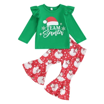 Vaikiška Mergaitė Žiemos Pavasario Komplektus 2vnt Kalėdų Drabužius Nustatyti Laišką Skrybėlę Snaigės T-Shirts Santa Print Flare Kelnės