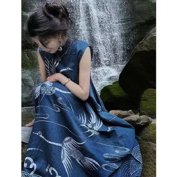Pavasarį, Vasarą 2023 Kinijos Stilius Derliaus Ilgai Hanfu Suknelė, Kostiumas Mėlyna Berankovė Liemenė Suknelė, Kostiumas