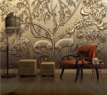 wellyu Individualų didelis tapetai, freskos 3d Europos обои trimatis aukso reljefo, miško briedis paukščių fono sienos popieriaus