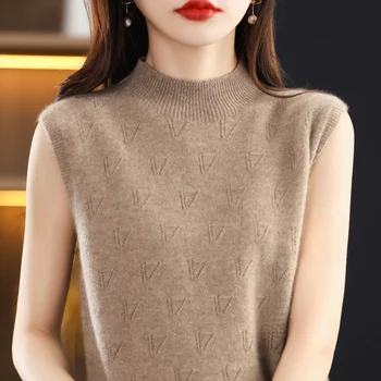 2023 naujo pirmosios linijos ready-to-wear tuščiaviduriai vest grynos vilnos moteriški pusiau aukšto kaklo sklandžiai megzti megztinis megztinis dugno marškinėliai