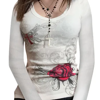 Moterų Goth T-shirts Pavasario Rudens 90-ųjų Vintage Rūbų Fėja Grunge ilgomis Rankovėmis Rose Slim Tees Moterų Drabužių y2k Streetwear
